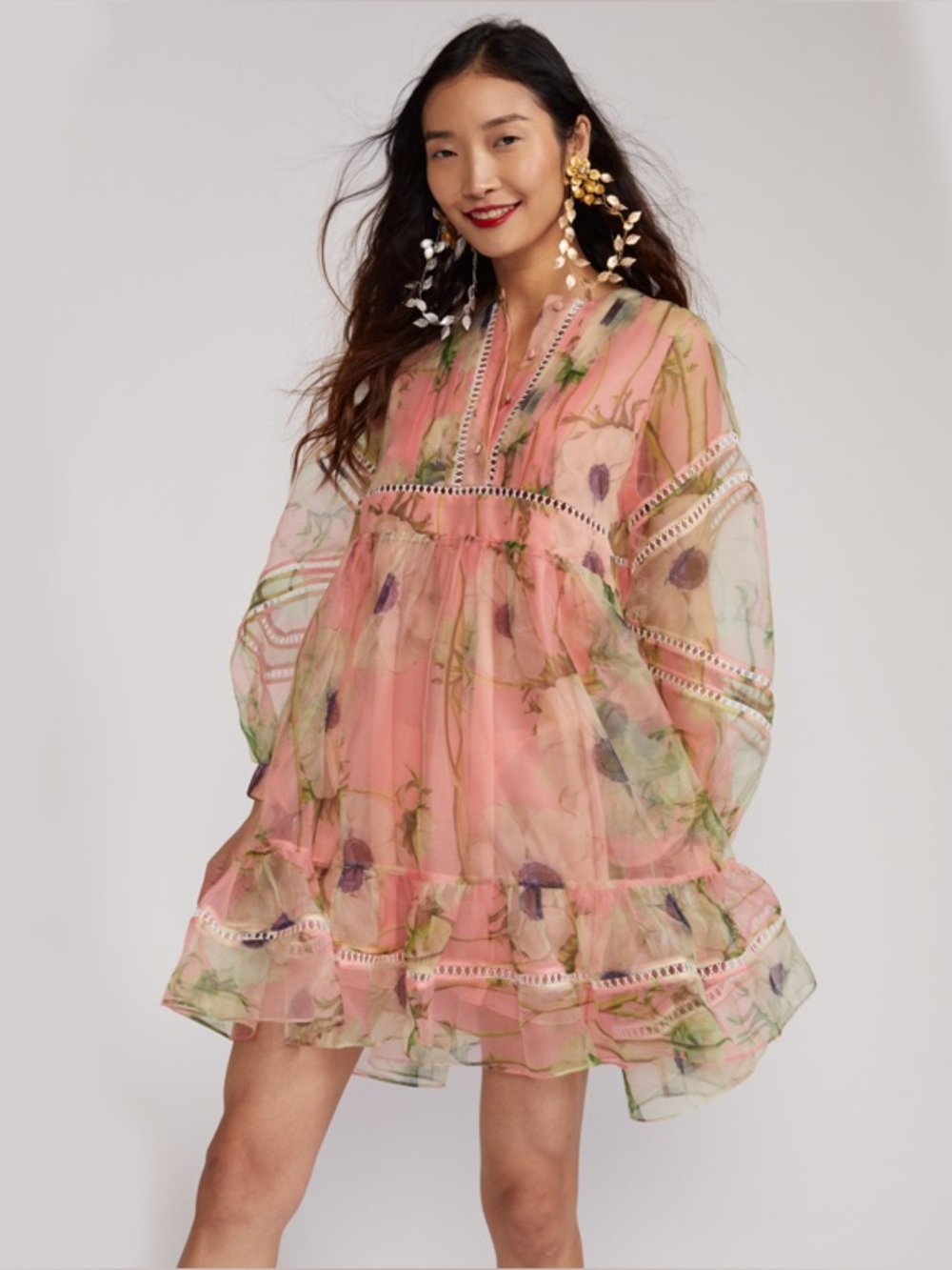Cynthia Rowley Sheer Coral Peach Floral Ruffle with Lining Mini Dress